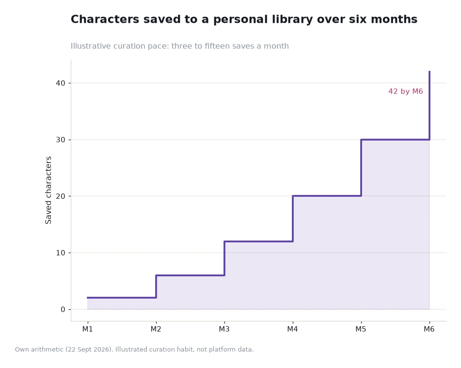Step chart showing a saved character library growing across six months